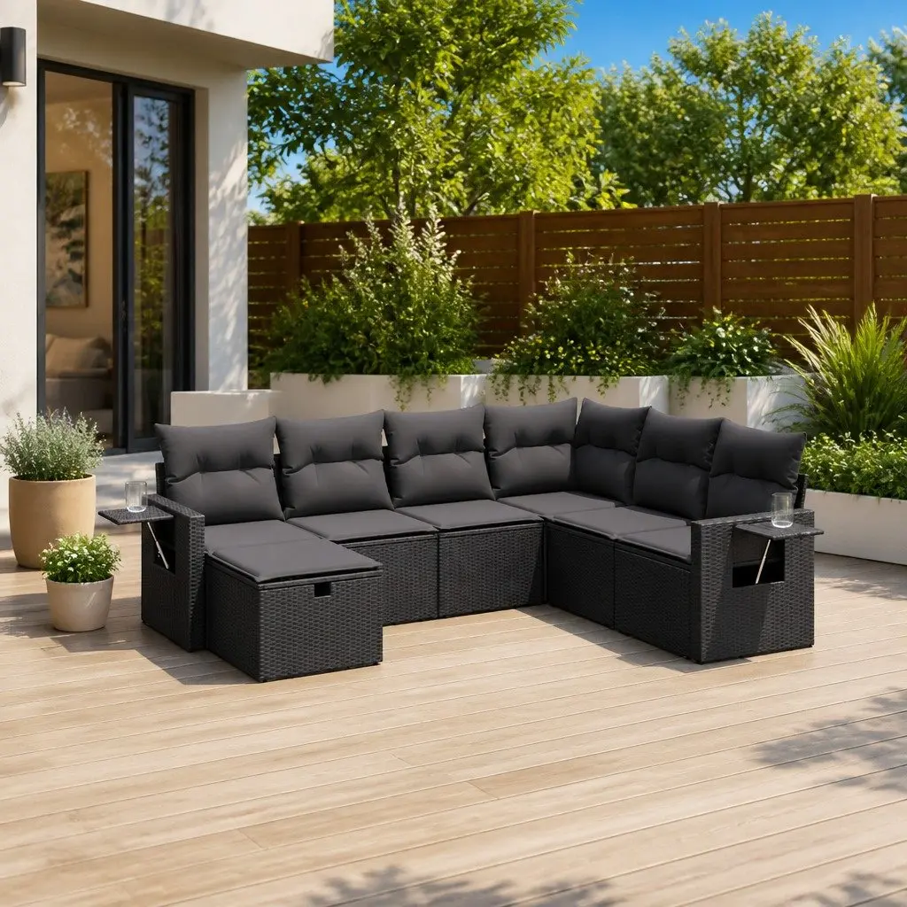 7 Piece Garden Sofa Set Black Poly Rattan with Cushions
