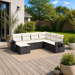 7 Piece Garden Sofa Set with Cushions Black Poly Rattan Outdoor Furniture Patio
