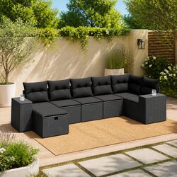 7 Piece Garden Sofa Set Outdoor Furniture Black Poly Rattan with Cushions Patio