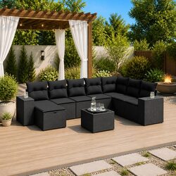 Garden Sofa Set 9 Piece Outdoor Furniture Patio Black Poly Rattan Modular with