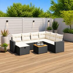 Garden Sofa Set 8 Piece Outdoor Patio Furniture with Cushions Black Poly Rattan