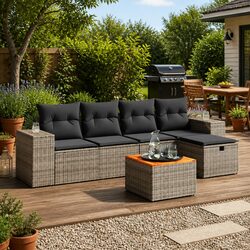 Garden Sofa Set 6 Piece Outdoor Furniture Grey Poly Rattan Cushions Patio Lounge