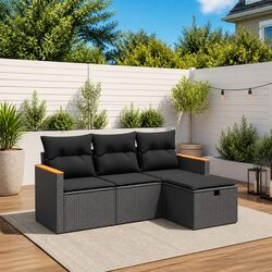 Garden Sofa Set 4 Piece Black Outdoor Patio Furniture with Cushions Modular