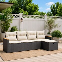 5 Piece Outdoor Garden Sofa Set with Cushions Black Rattan Patio Furniture
