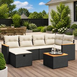 7 Piece Garden Sofa Set Outdoor Furniture Black Poly Rattan Patio Lounge with