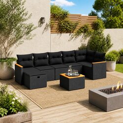 Garden Sofa Set 8 Piece Black Poly Rattan Patio Outdoor Furniture with Cushions