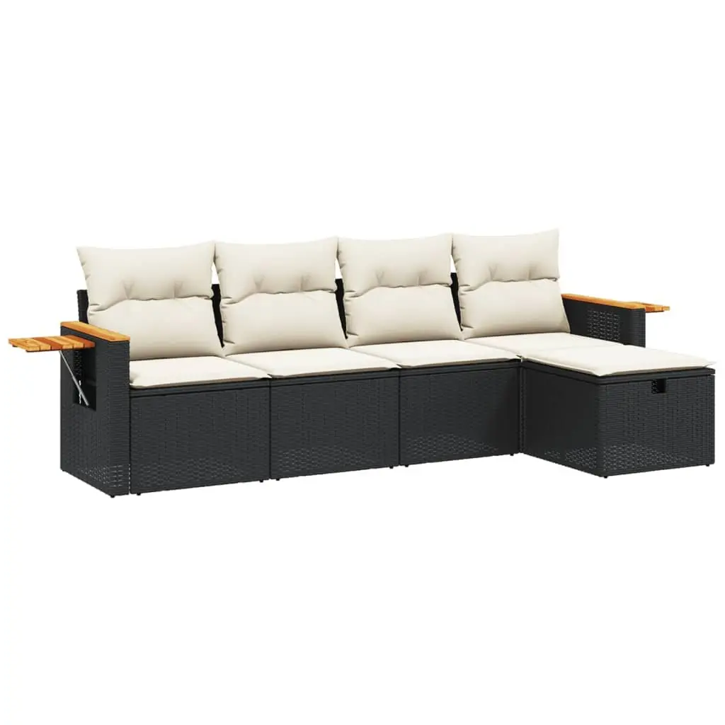 5 Piece Outdoor Garden Sofa Set with Cushions Black Poly Rattan Patio Furniture