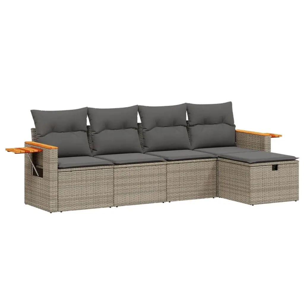 5 Piece Outdoor Garden Sofa Set with Cushions Grey Poly Rattan Patio Furniture