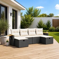 Garden Sofa Set 6 Piece Outdoor Furniture Black Poly Rattan with Cushions