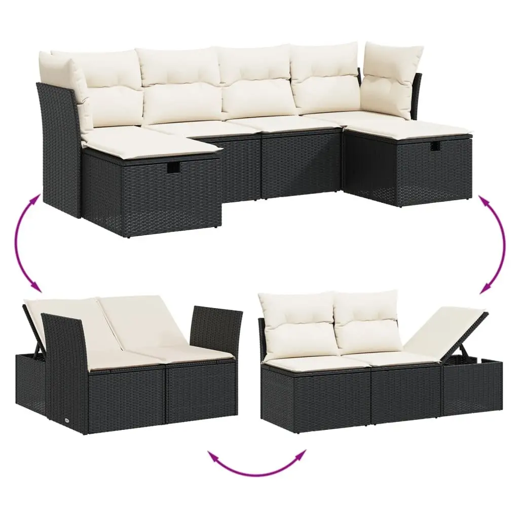 Garden Sofa Set 6 Piece Outdoor Furniture Black Poly Rattan with Cushions