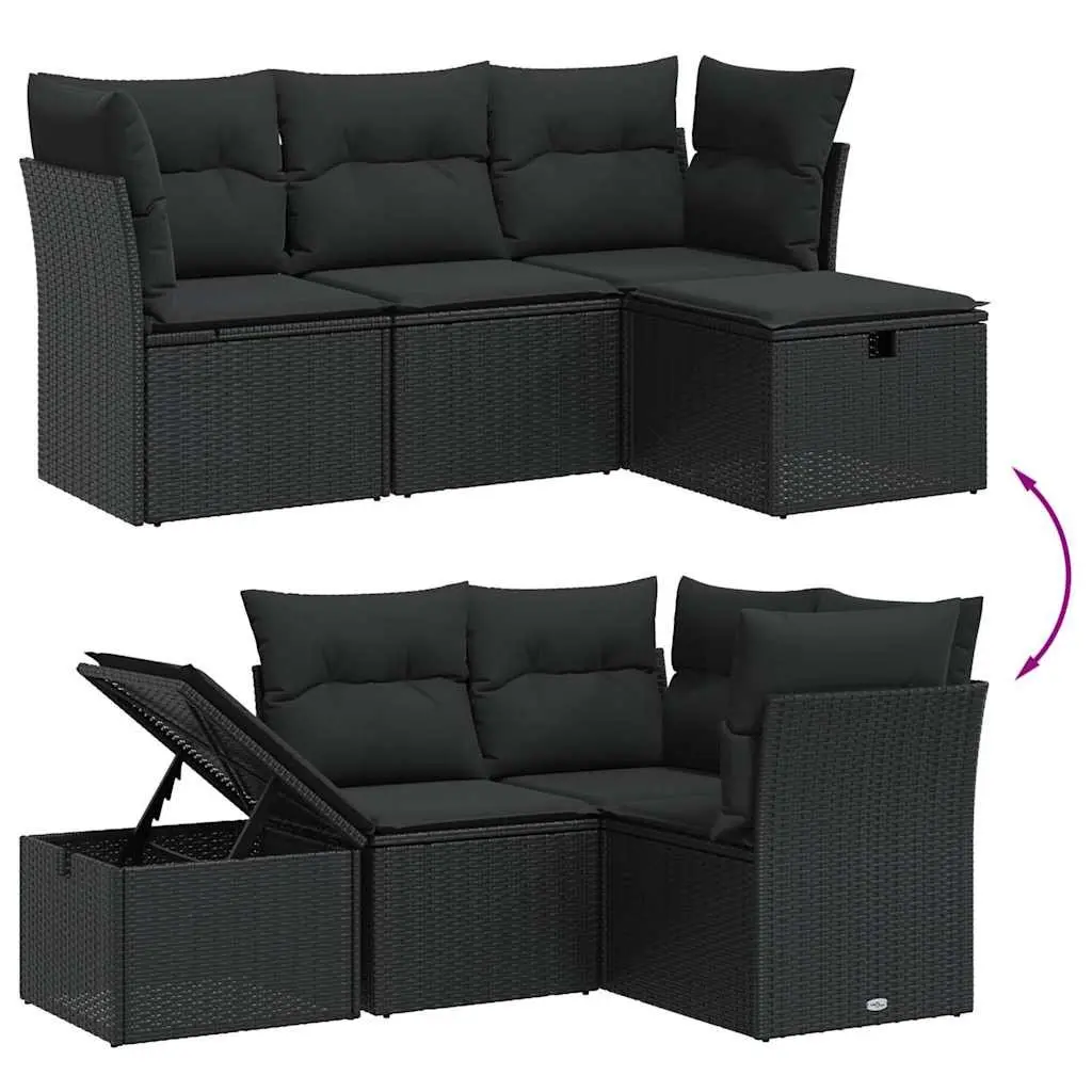 4 Piece Outdoor Garden Sofa Set with Cushions Black Poly Rattan Furniture