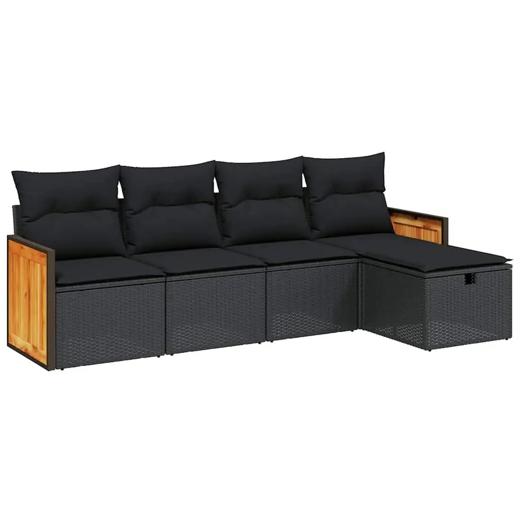 5 Piece Outdoor Garden Sofa Set with Cushions Black Rattan Patio Furniture