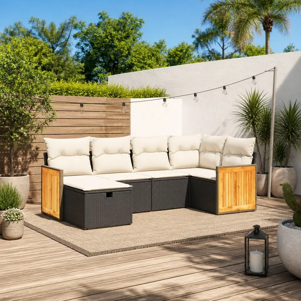 Garden Sofa Set Black 6 Piece Modular Outdoor Furniture with Thickly Padded Cushions