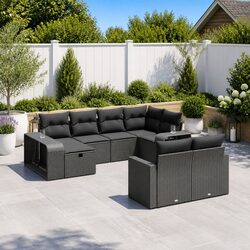 Compact 10 Piece Black Rattan Sofa Set for Outdoors