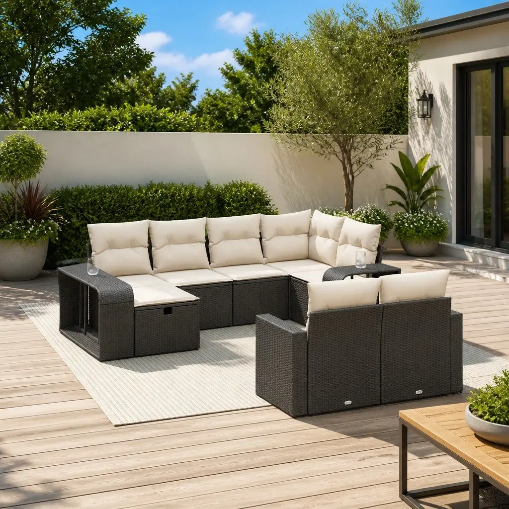 Garden Sofa Set 10 Piece Outdoor Furniture Black Poly Rattan Patio Seating with