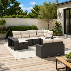 Garden Sofa Set 10 Piece Outdoor Furniture Black Poly Rattan Patio Seating with