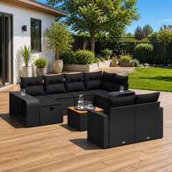 Garden Sofa Set 11 Piece Outdoor Furniture Black Poly Rattan Modular Patio