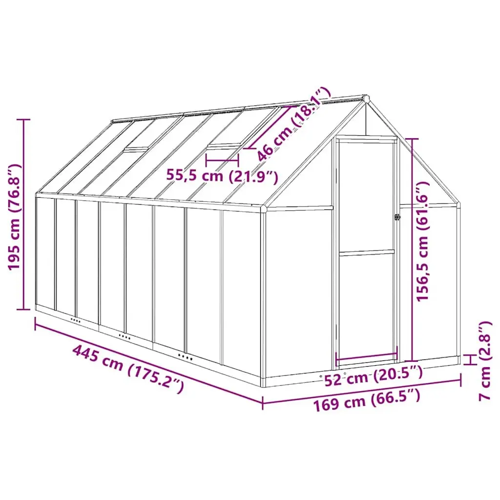 Greenhouse Anthracite Walk-in 445 x 169 x 195 cm Aluminium Frame Polycarbonate Panels