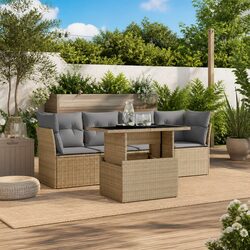 Garden Sofa Set 5 Piece Outdoor Furniture Beige Poly Rattan Patio with Cushions