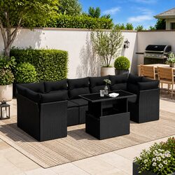 Garden Sofa Set 8 Piece Outdoor Furniture with Cushions Black Rattan Patio