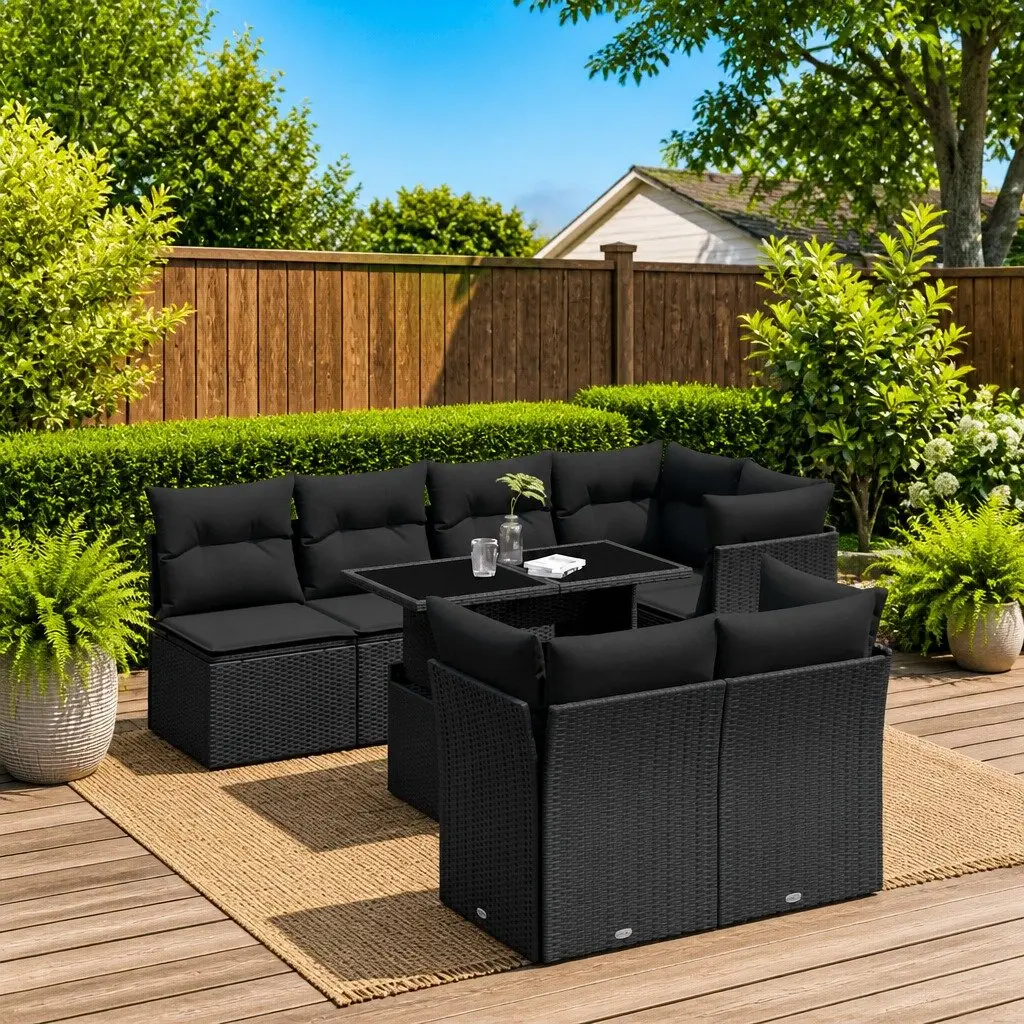 Garden Sofa Set Black 8 Piece Modular Outdoor Furniture with Adjustable Tabletop and Thick Cushions