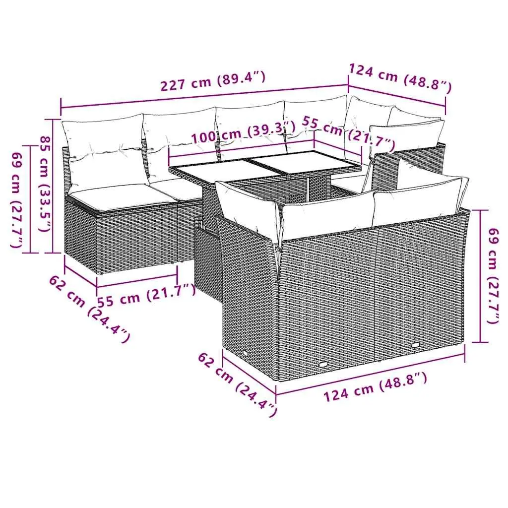 Garden Sofa Set Black 8 Piece Modular Outdoor Furniture with Adjustable Tabletop and Thick Cushions