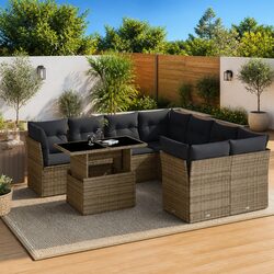 Concise 9-Piece Garden Sofa Set in Grey Poly Rattan