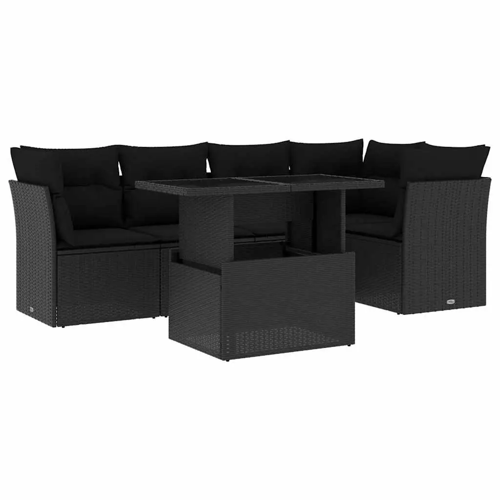 6 Piece Outdoor Garden Sofa Set Black PE Rattan Patio Furniture with Cushions