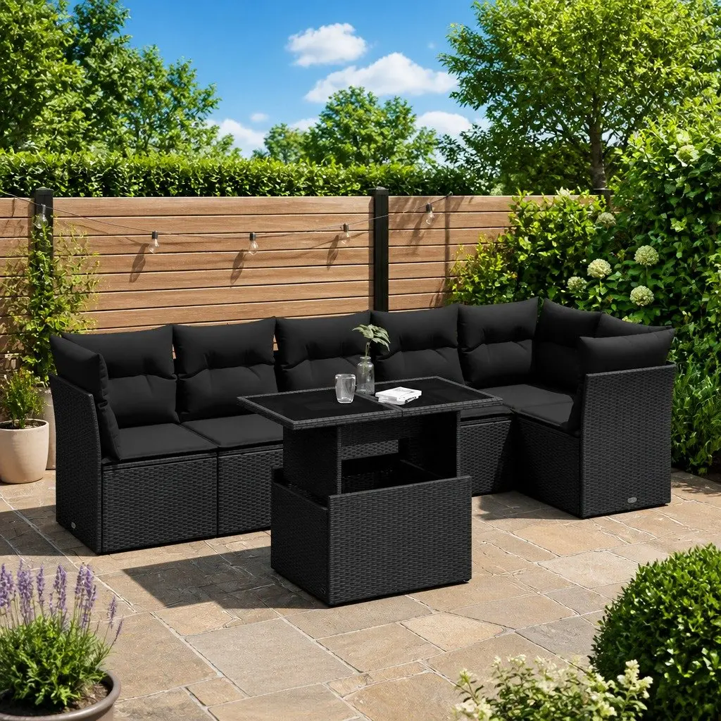 7 Piece Garden Sofa Set Outdoor Furniture Patio Black Poly Rattan Cushions