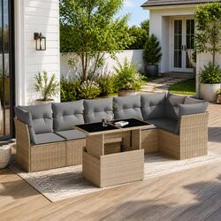 7 Piece Outdoor Garden Sofa Set with Cushions Beige Poly Rattan Patio Furniture