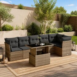 7 Piece Garden Sofa Set Grey Poly Rattan Outdoor Furniture Patio Lounge Cushions