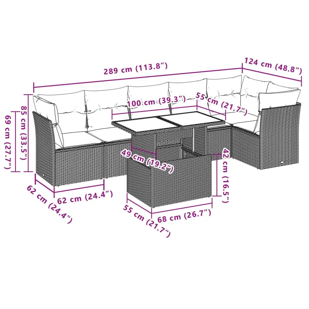 7 Piece Garden Sofa Set Grey PE Rattan Outdoor Furniture Adjustable Table Thick Cushions