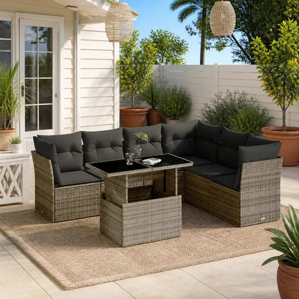 7 Piece Grey Modular Outdoor Sofa Set with Cushions and Adjustable Tabletop for Garden or Patio Use