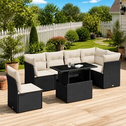 7 Piece Outdoor Furniture Set - Black Poly Rattan
