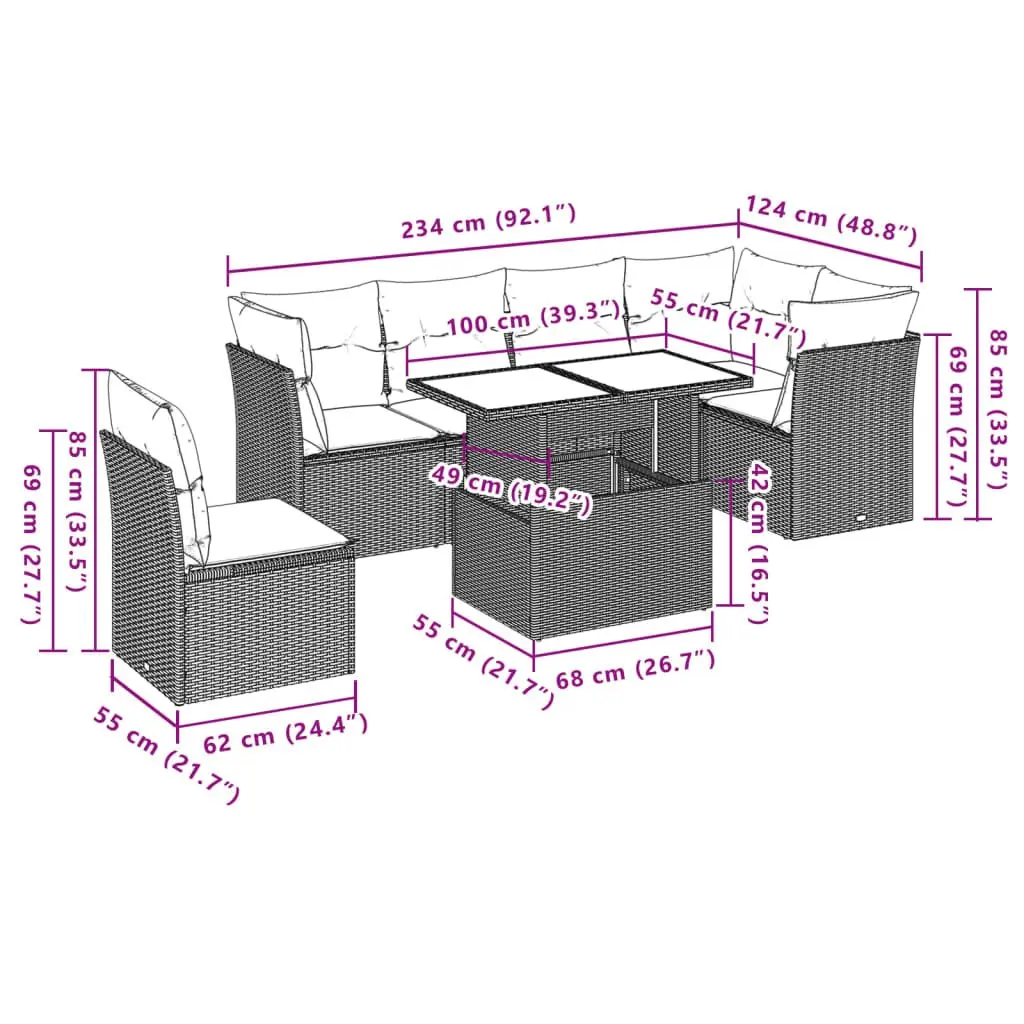 7 Piece Garden Sofa Set Outdoor Furniture with Cushions Grey Poly Rattan Patio