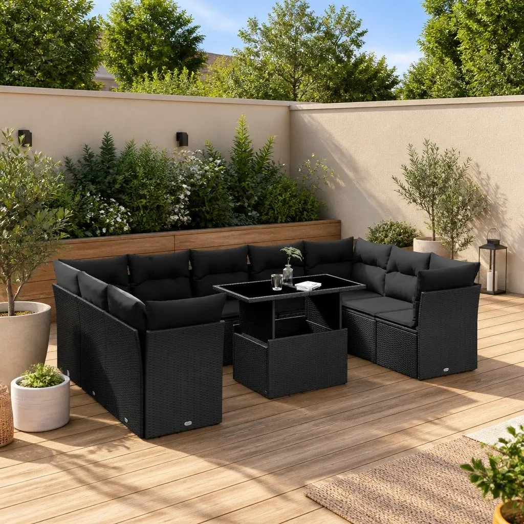 Garden Sofa Set 10 Piece Black Poly Rattan Outdoor Furniture with Cushions