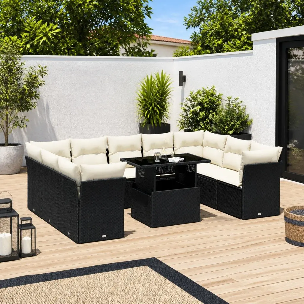 Garden Sofa Set 10 Piece Outdoor Furniture Black Poly Rattan Modular Patio