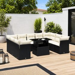 10 Piece Garden Sofa Set - Black Rattan Outdoor Furniture