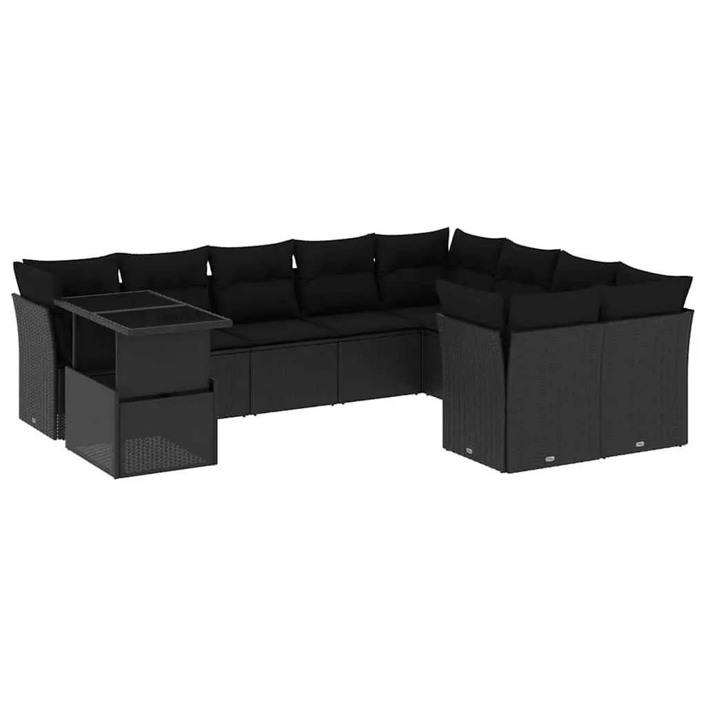 10 Piece Outdoor Garden Sofa Set with Cushions Black Poly Rattan Patio Furniture