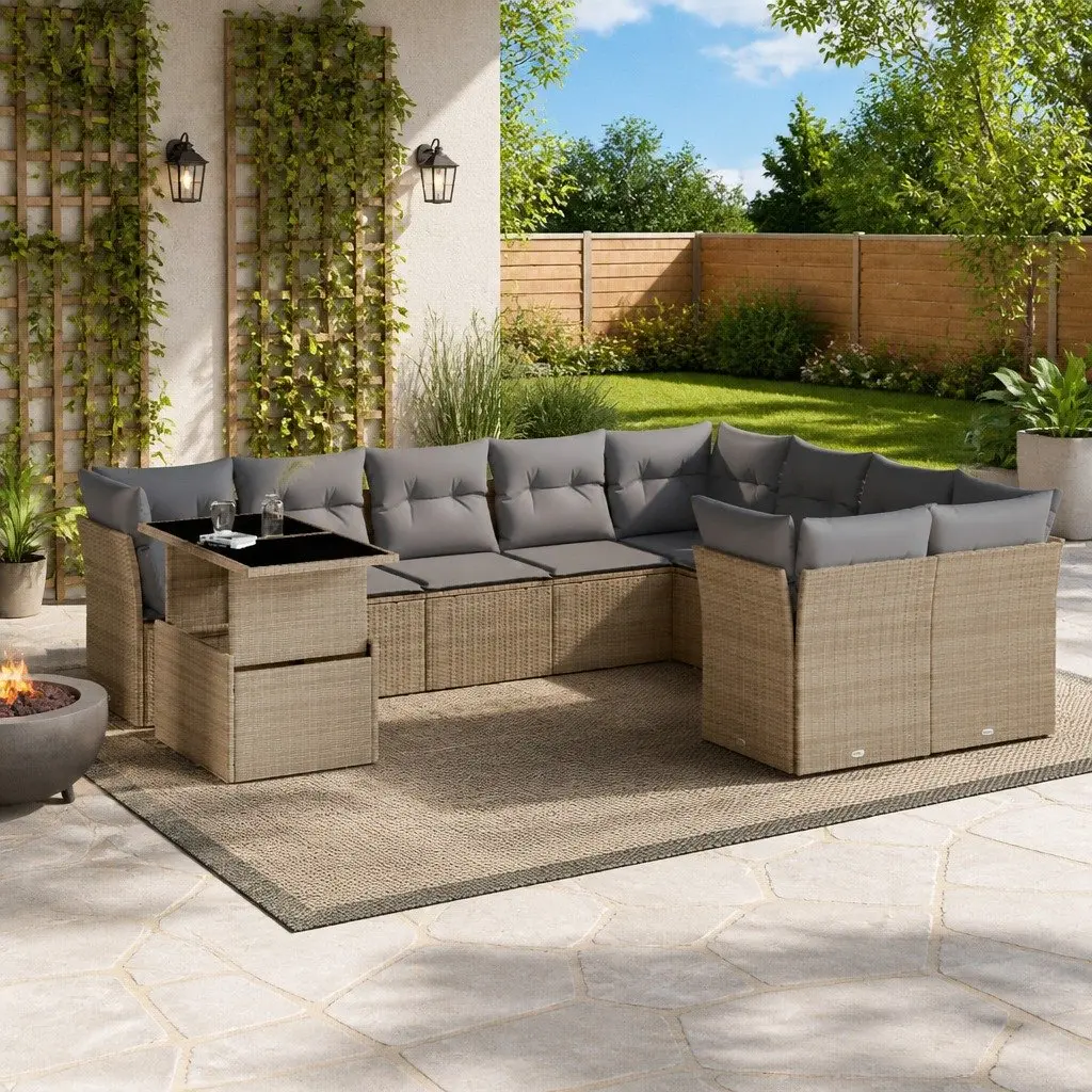 Garden Sofa Set Beige 10 Piece Modular Outdoor Furniture with Cushions and Adjustable Table