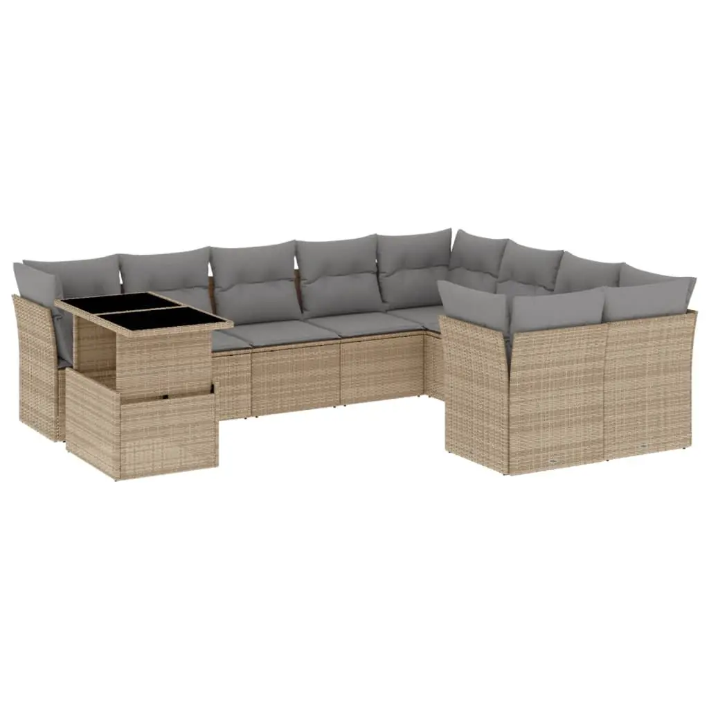 Garden Sofa Set Beige 10 Piece Modular Outdoor Furniture with Cushions and Adjustable Table