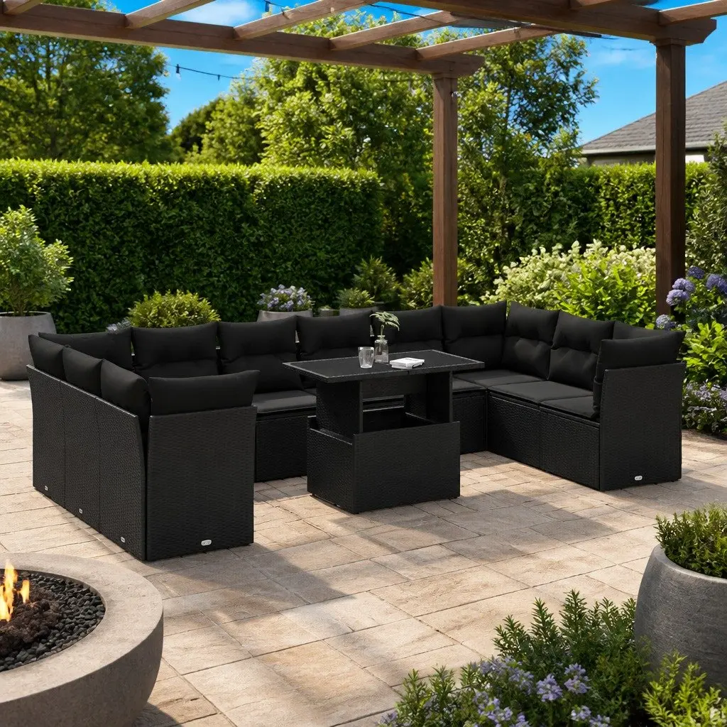 11 Piece Outdoor Garden Sofa Set Black PE Rattan Patio Furniture with Adjustable Tabletop and Cushions