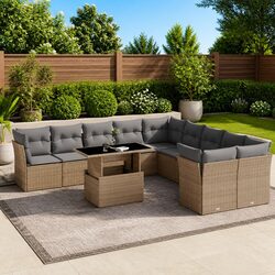 Beige Outdoor Sofa Set, 11 Pieces with Cushions Included