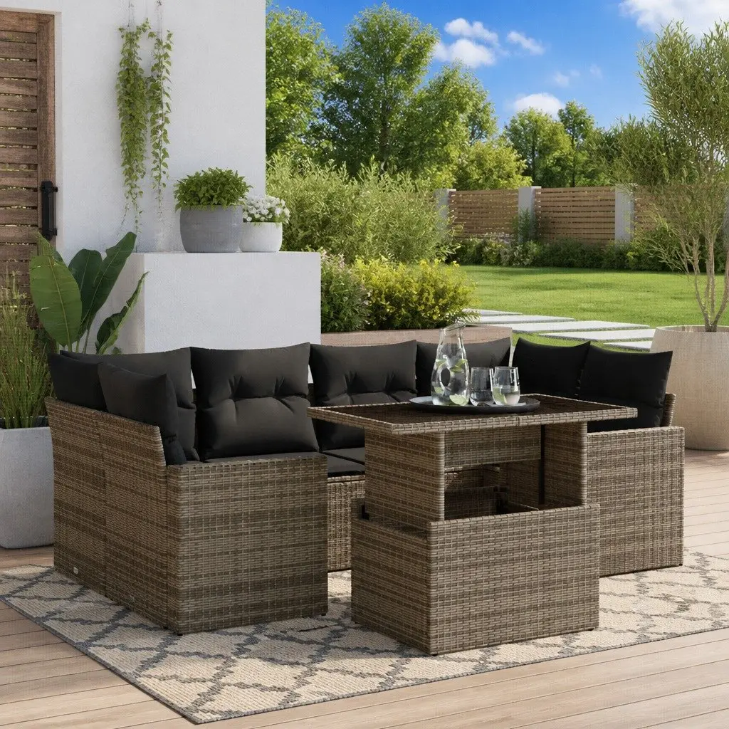 7 Piece Outdoor Sofa Set Grey Rattan Furniture with Cushions Adjustable Table for Patio