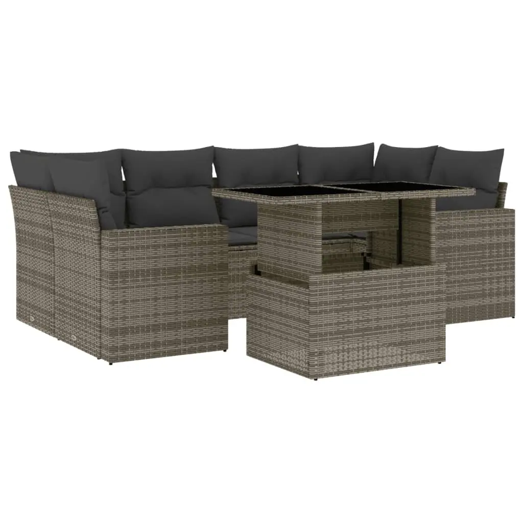 7 Piece Outdoor Sofa Set Grey Rattan Furniture with Cushions Adjustable Table for Patio