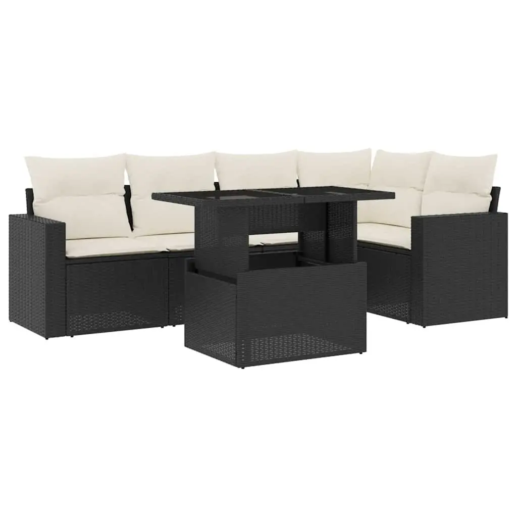 6-Piece Garden Sofa Set Black Poly Rattan Outdoor Furniture with Cushions Patio