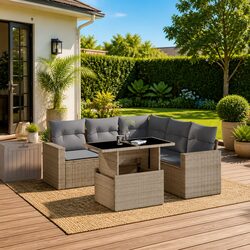 Concise 6 Piece Outdoor Sofa Set with Beige Cushions