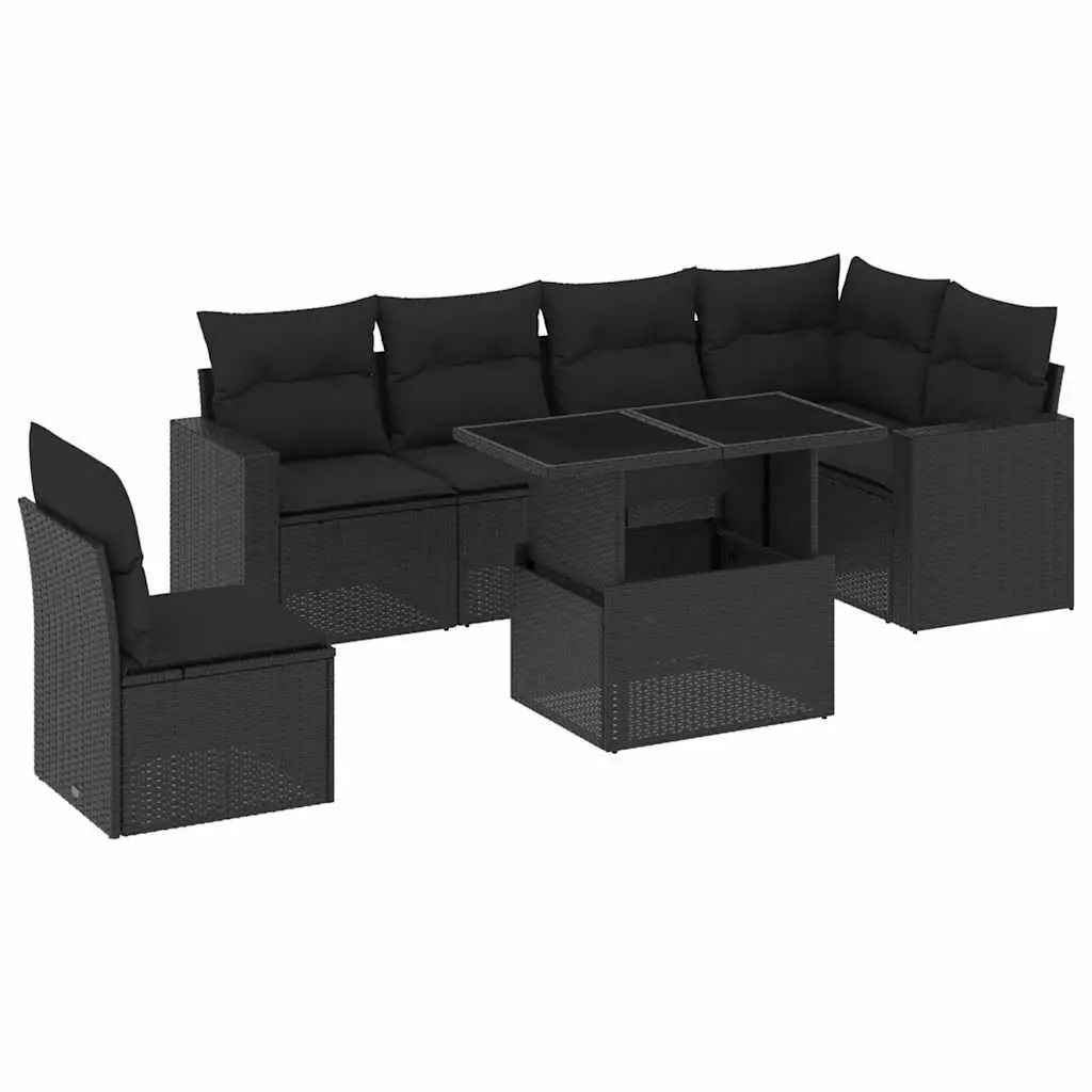 7 Piece Garden Sofa Set Outdoor Patio Furniture Black Poly Rattan with Cushions