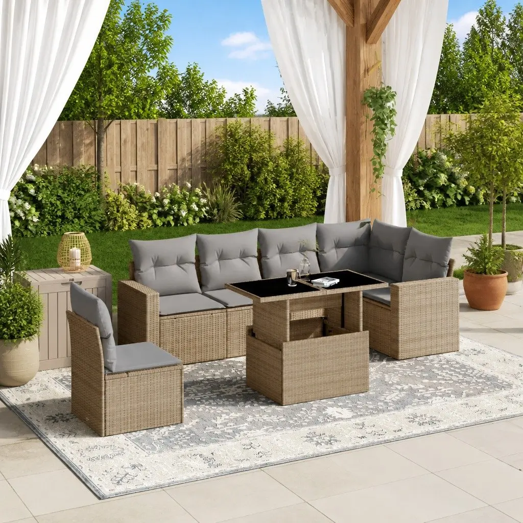 7 Piece Garden Sofa Set Beige Modular Outdoor Furniture Patio Rattan with Cushions