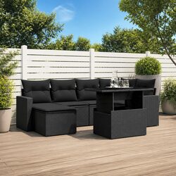 7 Piece Outdoor Garden Sofa Set Black Poly Rattan Patio Furniture with Cushions